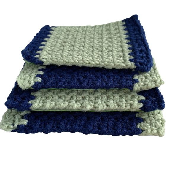 Mug Rugs Coasters Handmade Crochet Navy Blue Green Vinyl Back Set of 4 - Picture 7 of 11